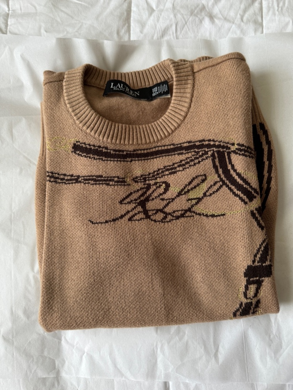 Lauren Ralph Lauren , Camel Crewneck Sweater with Brown & Gold Graphic XXS